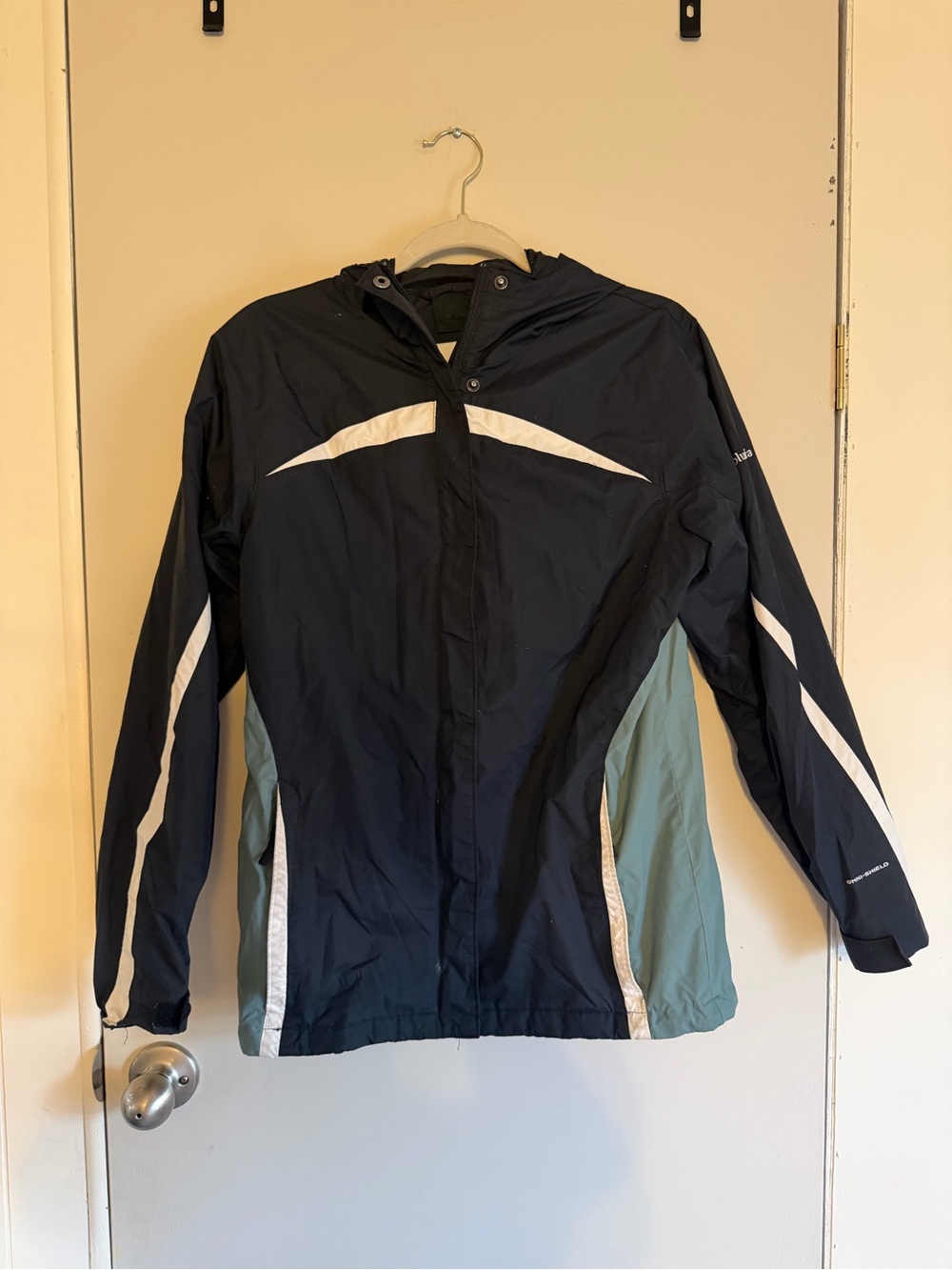 Black and white Hooded rain Jacket- Columbia